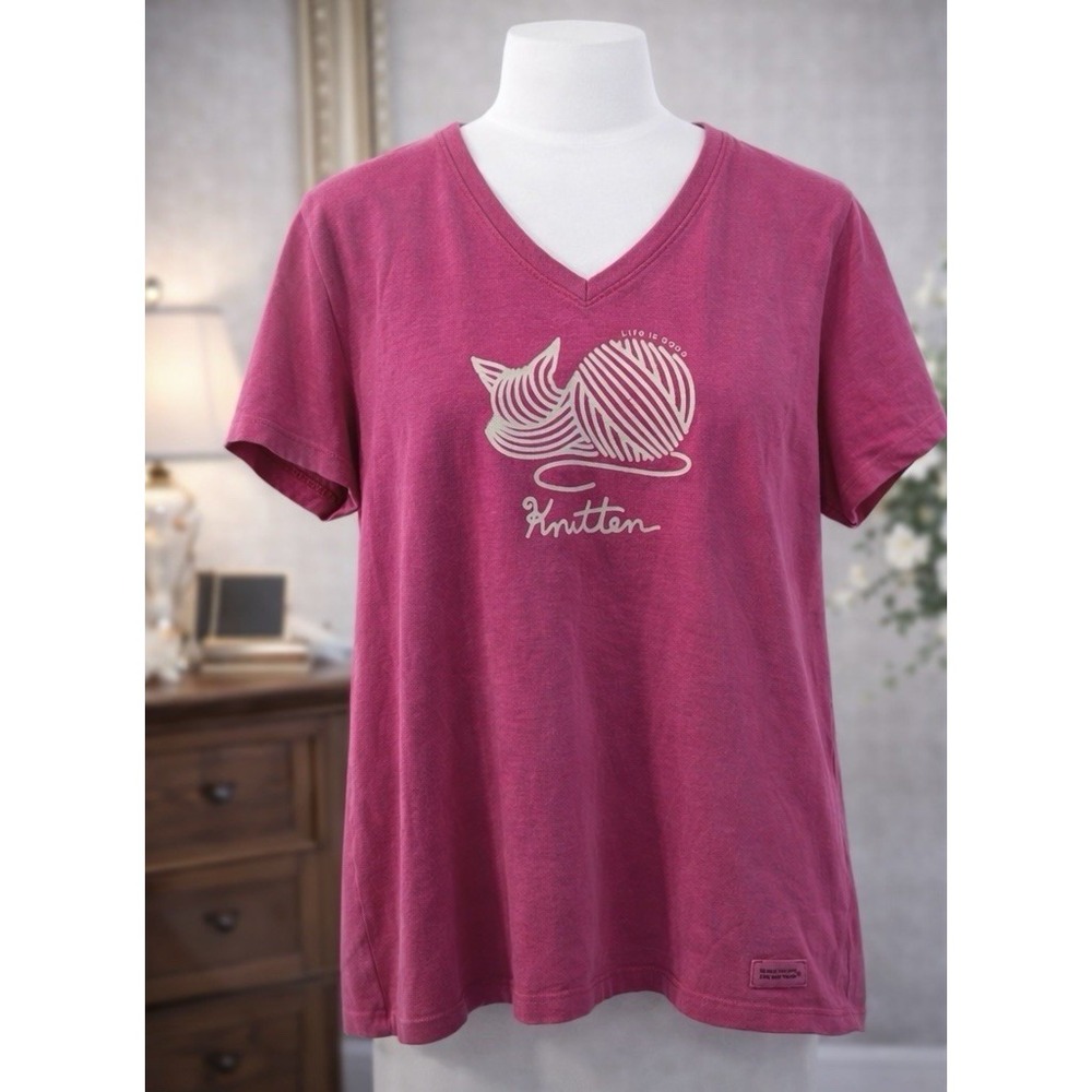 LIFE IS GOOD Women's Tee T-Shirt Kitten Bright Pink V-Neck Cat Size Large